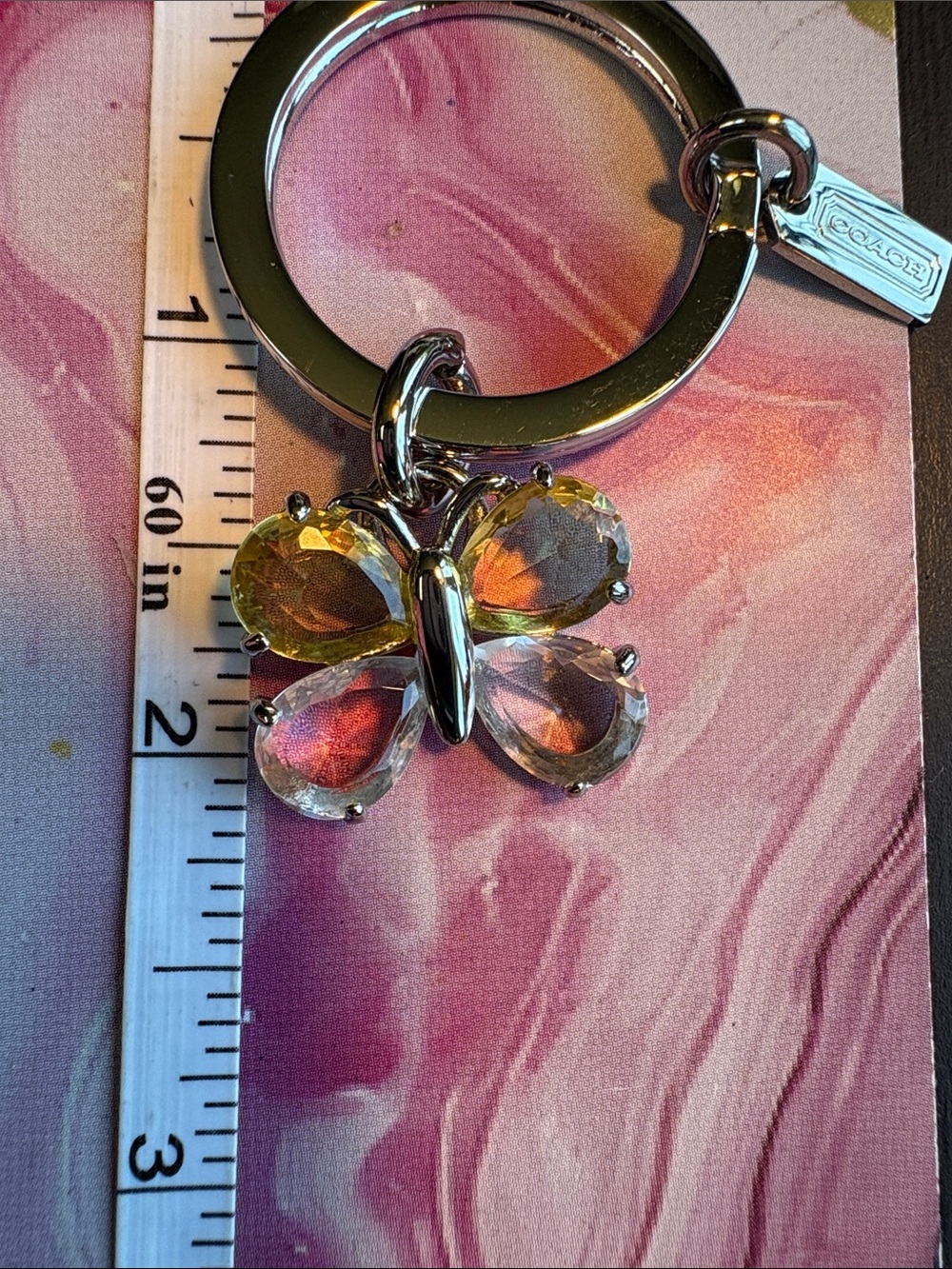 Coach Silver-Tone Butterfly Keyring with Yellow and Clear Crystal Wings